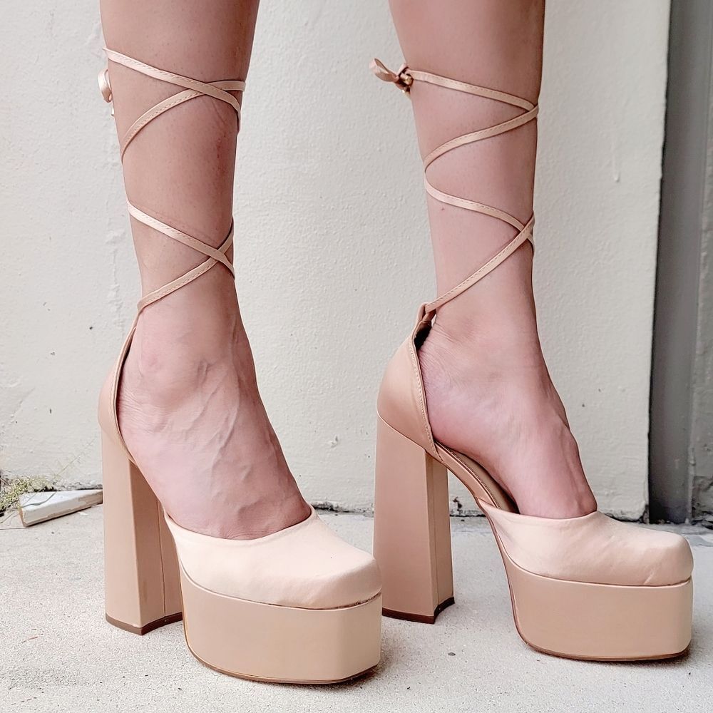 Champagne Platform High Heel Sandals Women Lace Up Square Close - Picture 4 of 5